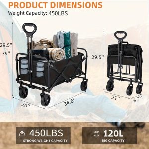 1pc Collapsible Foldable Wagon Cart, 220/330LBS Heavy Duty Utility Garden Cart With All-Terrain Wheels For Beach, Lawn, Sports, Camping, Black, 30"