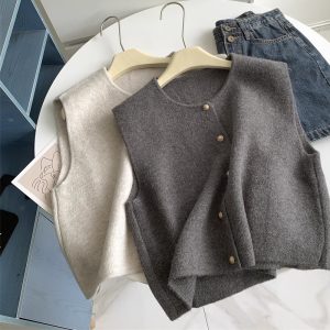 Gentle Single-breasted Small Gold Button Round Neck Slim Knitted Vest Women's Korean Loose Waistcoat Women's Top